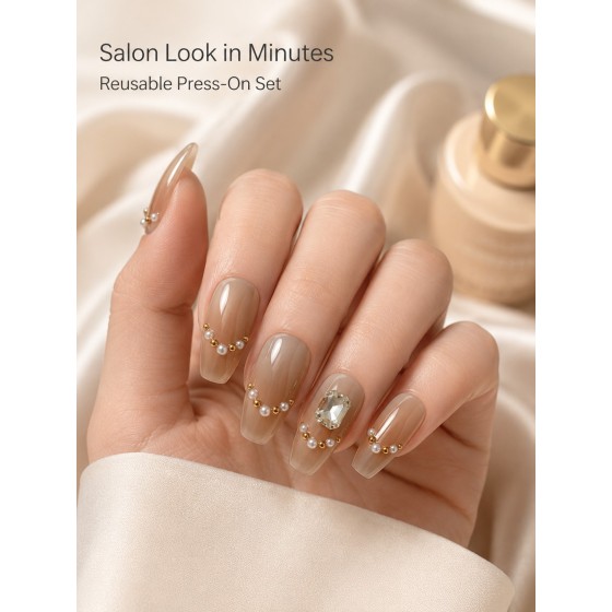Nude Caramel Press‑On Nails, Luxury Long T‑Shape False Nails With Pearl‑Gold Bead Chain & Big Rhinestone